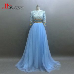 Abend Luxus Kleid Hellblau Lang ÄrmelDesigner Top Kleid Hellblau Lang Design