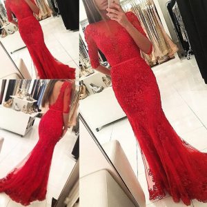 2018 Red Dresses Abendgarderobe Halbarm Meerjungfrau Tüll Applizierte  Spitze Sheer Elegante Hochzeiten Gast Prom Party Kleider