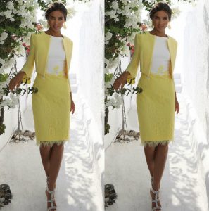 2020 Klassische Gelbe Mutter Der Braut-Kleider Mit Jacke Knielangen Spitze  Appliqued Mutter Hochzeitsgast Kleid Jewel Ausschnitt Abendkleider