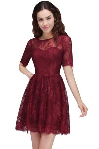 A-Line Round Neck Short Lace Burgundy Homecoming Dresses In