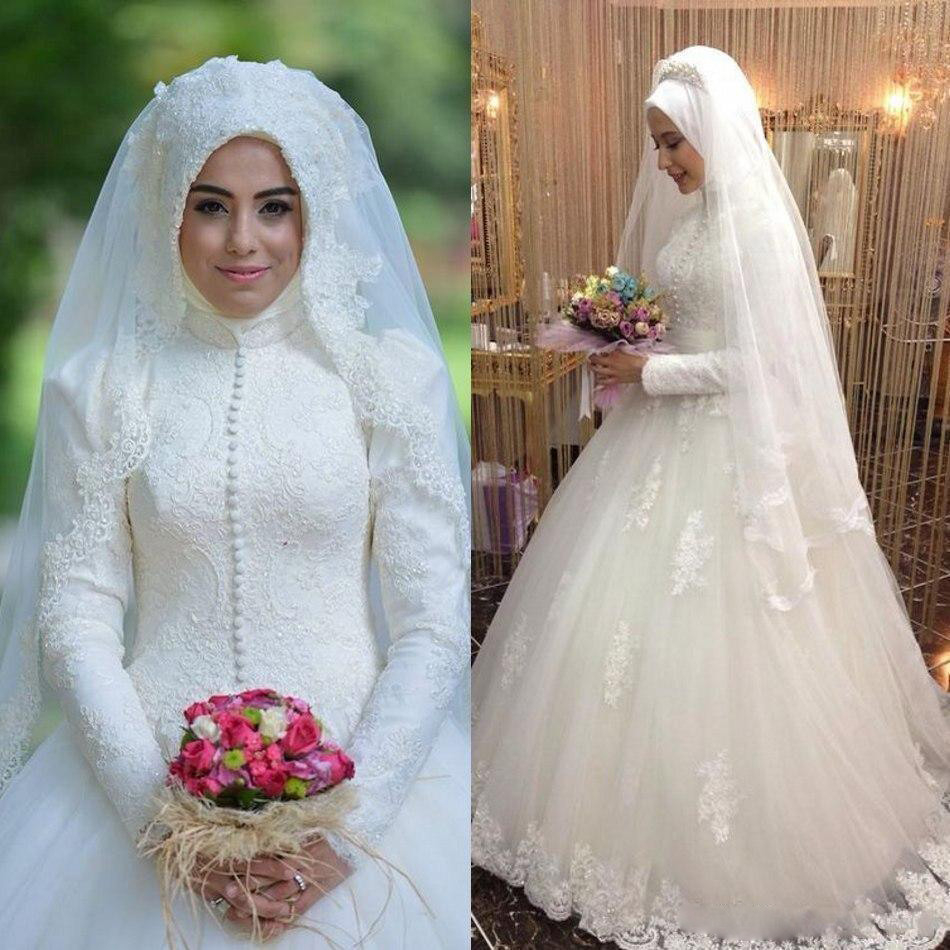 Arabisch Brautkleid Islamische Lange Hülse Muslim Brautkleider Arab Eine  Linie Ballkleid-Spitze Hijab Brautkleider Brautkleid