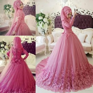 Arabisch Muslim Brautkleid 2017 Türkische Gelinlik Spitze Applique  Ballkleid Islamischen Brautkleider Hijab Langarm Brautkleider