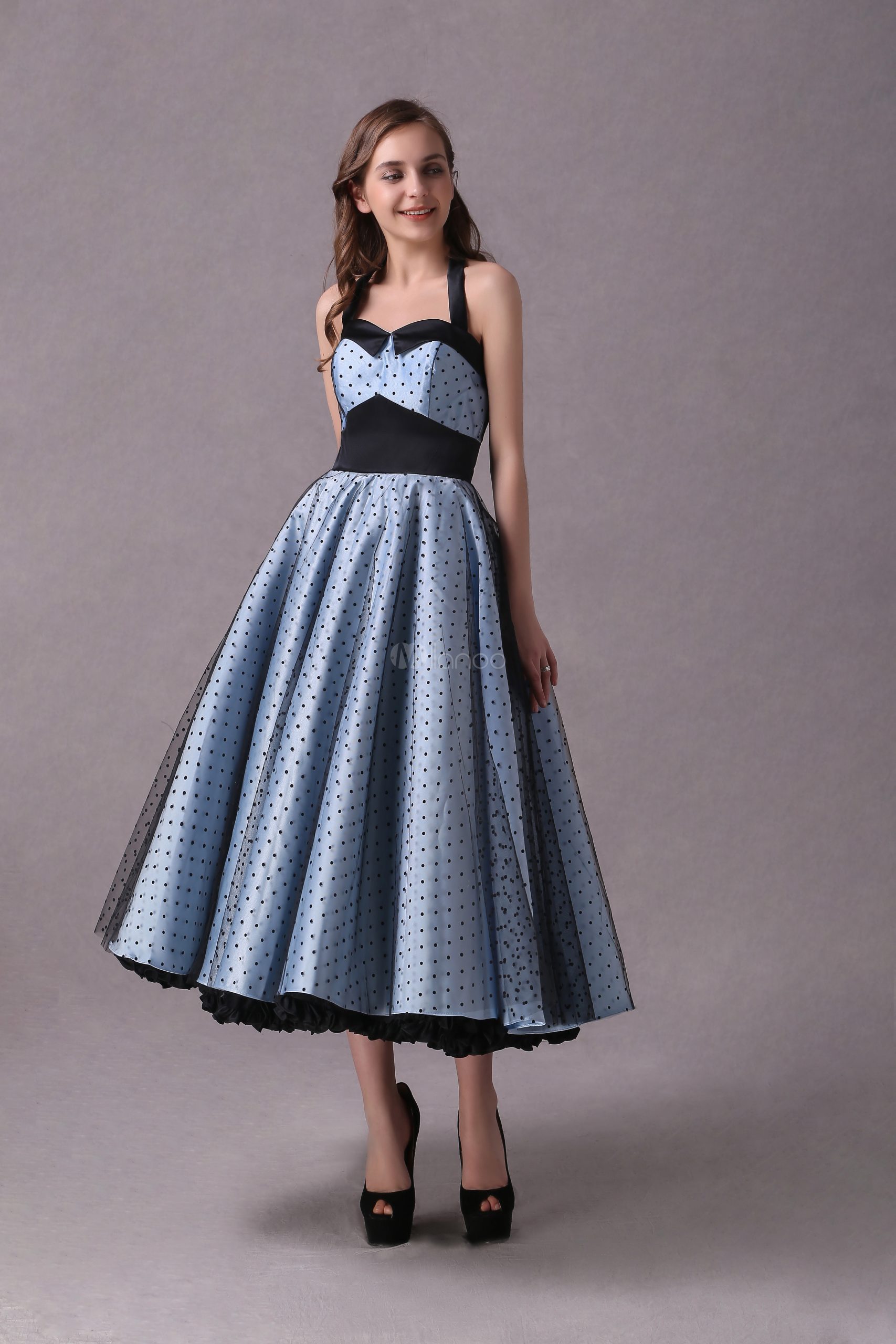 Платья Подружки Невесты Рокабилли Короткие Baby Blue Polka Dot Версия Для  Печати Halter Tea Length Vintage Wedding Party Dresses