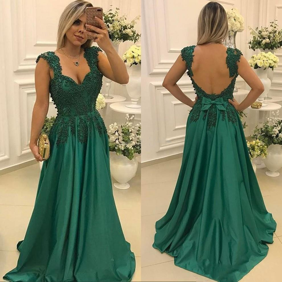 Elegante Grüne Abendkleider Lange 2017 Perlen Satin Prom
