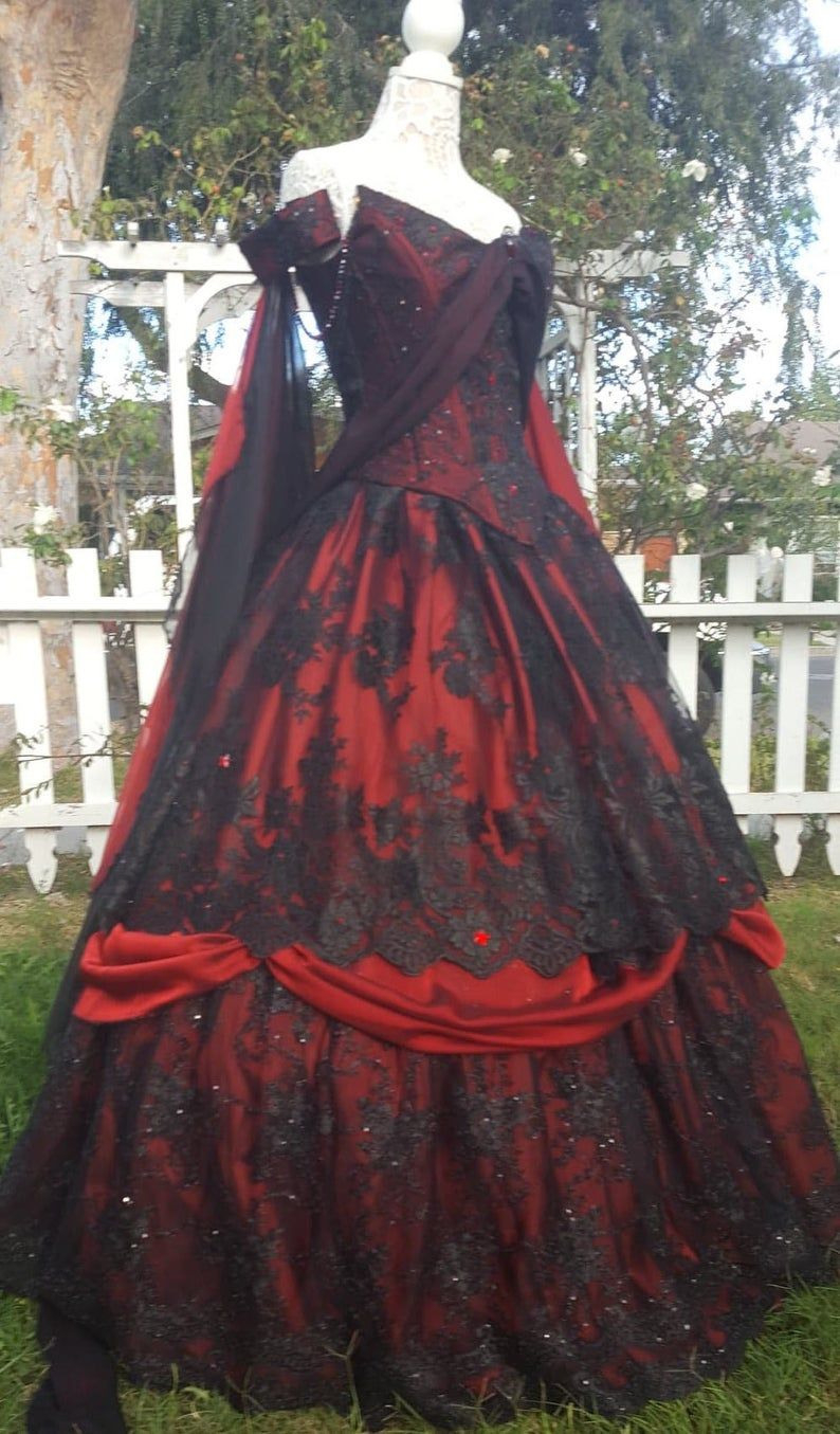 Gothic Hochzeit Belle Rot/schwarze Spitze Fantasy Kleid