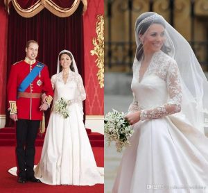 Großhandel Retro Kate Middleton Brautkleider A Linie Princess Sheer Mit  Langen Ärmeln V Ausschnitt Spitze Stickerei Satin Brautkleid Von
