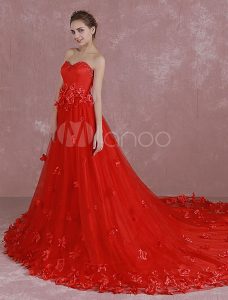 Rote Hochzeit Kleid Sweetheart Trägerlosen Pailletten Brautkleid 3D Blumen  Applikation Eine Linie Kathedrale Zug Abendkleid
