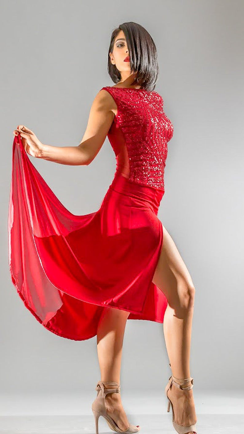 Rote Pailletten Tango Leistung Kleid Seitenschlitz Mit Rückseite Zug Tango  Mit Liebe