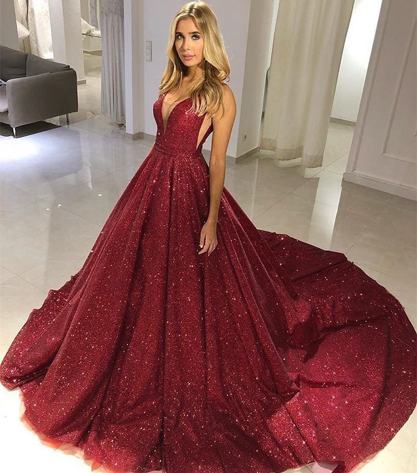 Sparkly V-Neck Sleeveless Long Burgundy Prom Dress With