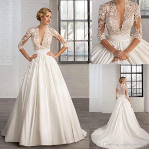 Vintage Hochzeit Kleid Spitze Tiefem V Ausschnitt Nachnahme