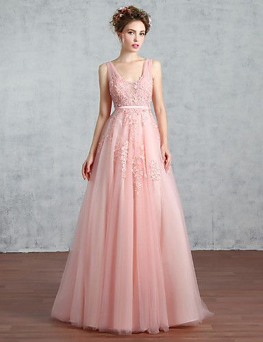15449 Aline V Neck Court Train Lace Tulle Prom Formal