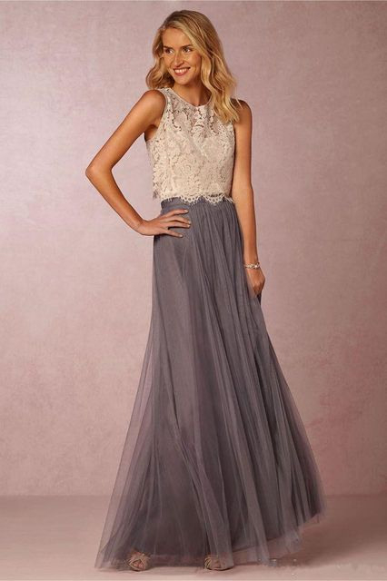 2019 New Two Pieces Lace Crop Top Tulle Bridesmaid Dresses