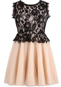 Apricot Contrast Lace Sleeveless Pleated Dress  Sheinside