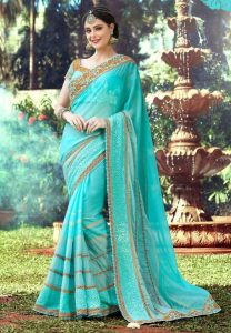 Aqua Faux Georgette Saree With Blouse Bollymode
