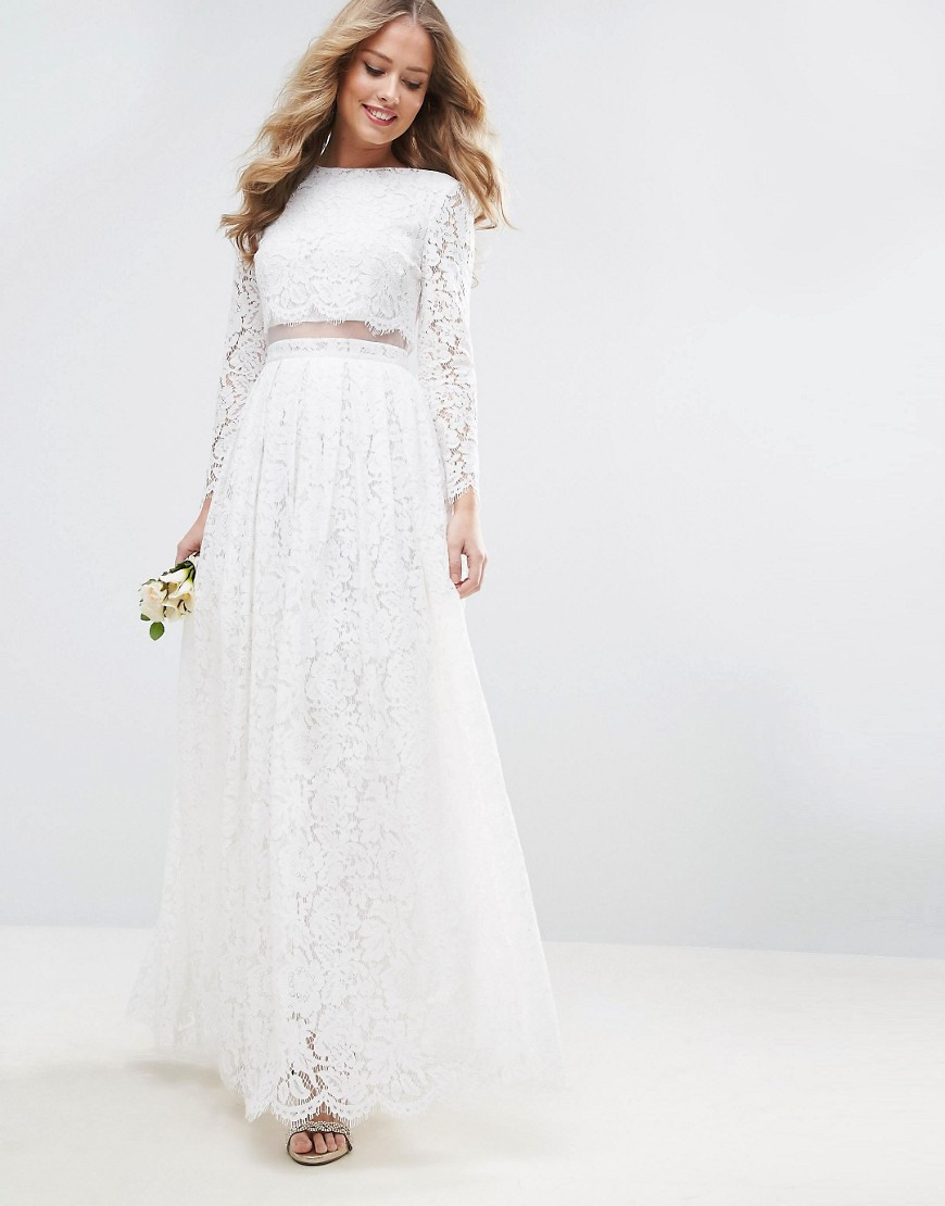 Asos Bridal Lace Long Sleeve Crop Top Maxi Dress