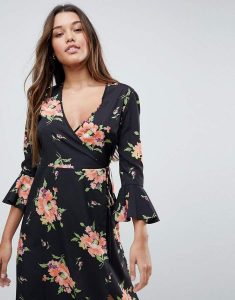 Asos Design Asos Wrap Midi Dress With Fluted Sleeve In