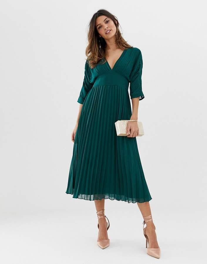Asos Design Pleated Midi Dress With Batwing Sleeves