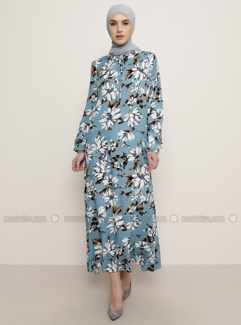 Blau  Blumenmuster  Rundhalsausschnitt  Hijab Kleid