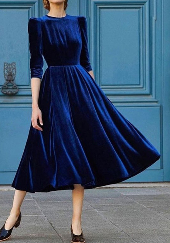 Blaue Plissee Rundhals Vintage Elegante Maxikleid Günstige
