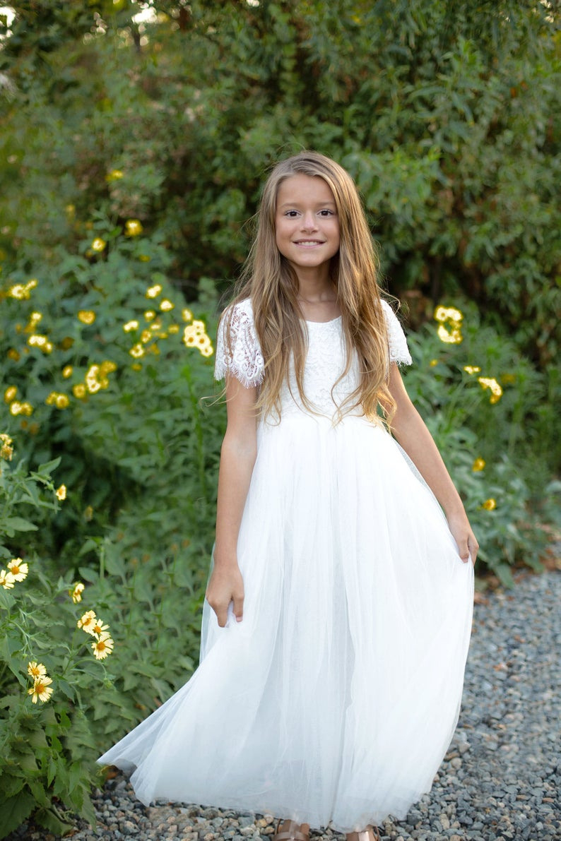 Boho Boho Blumenmädchen Kleid Weiße Spitze Tüll Mädchen | Etsy