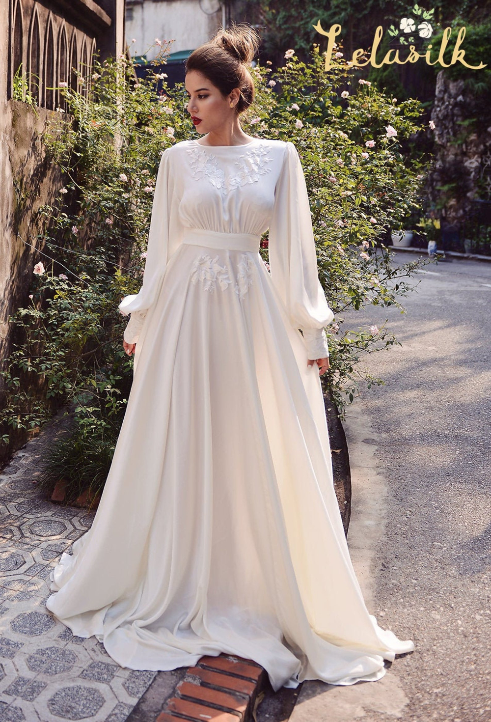Boho Wedding Dress/ Embellished Lace Wedding Dress/ Silk