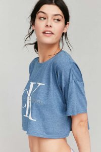 Calvin Klein Cropped Tee Shirt In Blue  Lyst