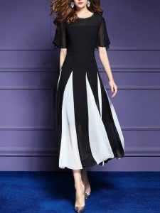 Colorblock Elegant Frill Sleeve Chiffon Paneled Dress