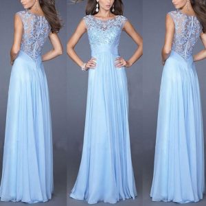 Damen Elegant Blau Spitze Kleid Abendkleid Cocktailkleider
