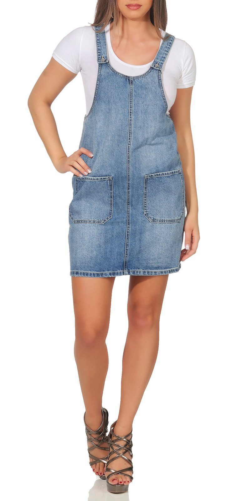 Damen Kleid Jeanskleid Minikleid Latzrock Jeans Minirock