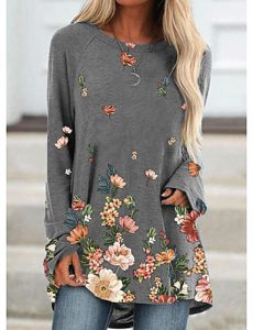 Damen Tshirt Kleid Minikleid  Langarm Blumen Patchwork