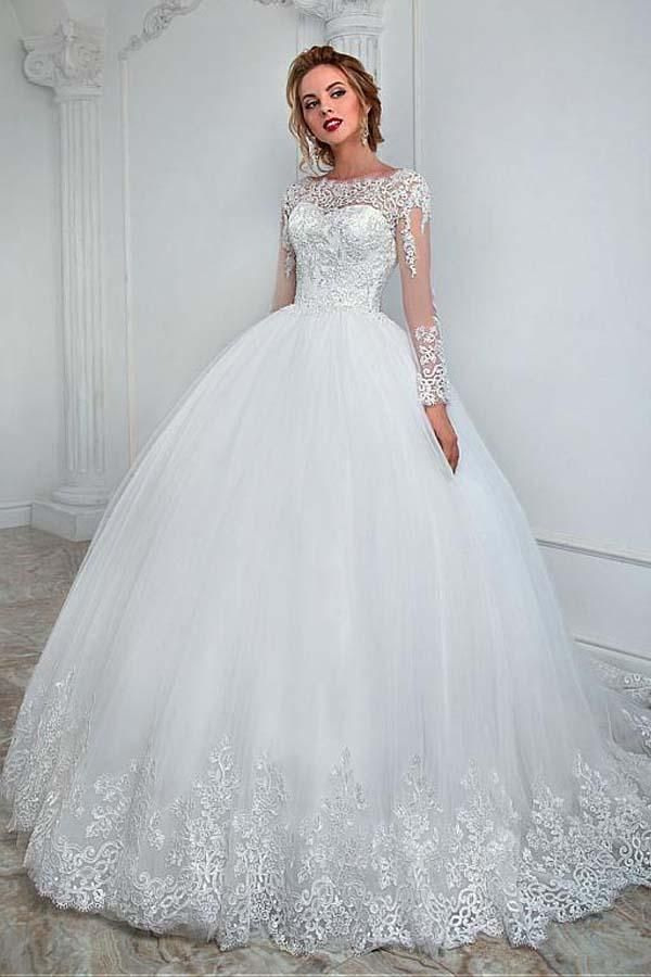 Elegant Bateau Neckline Ball Gown Wedding Dress With Lace