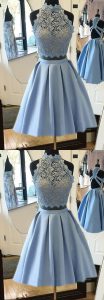 Elegant Light Blue Homecoming Dress Lace Two Piece Top