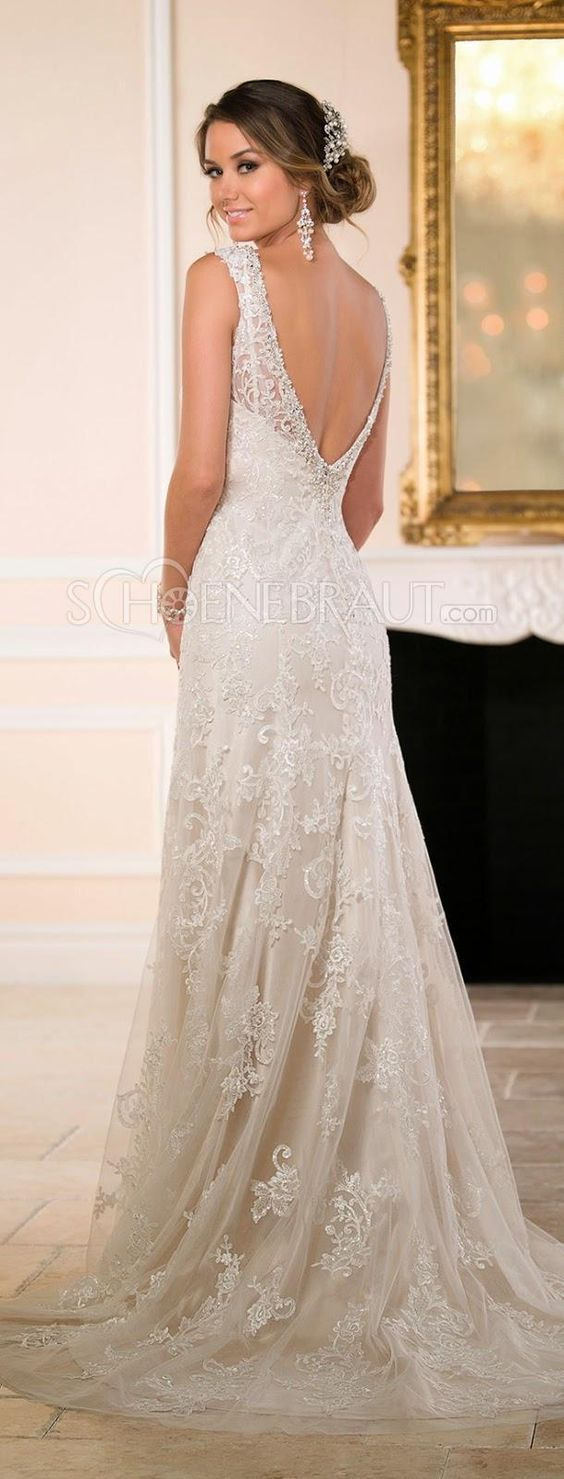 Elegant Spitze Brautkleid Lace Empire Hochzeitskleid Lang