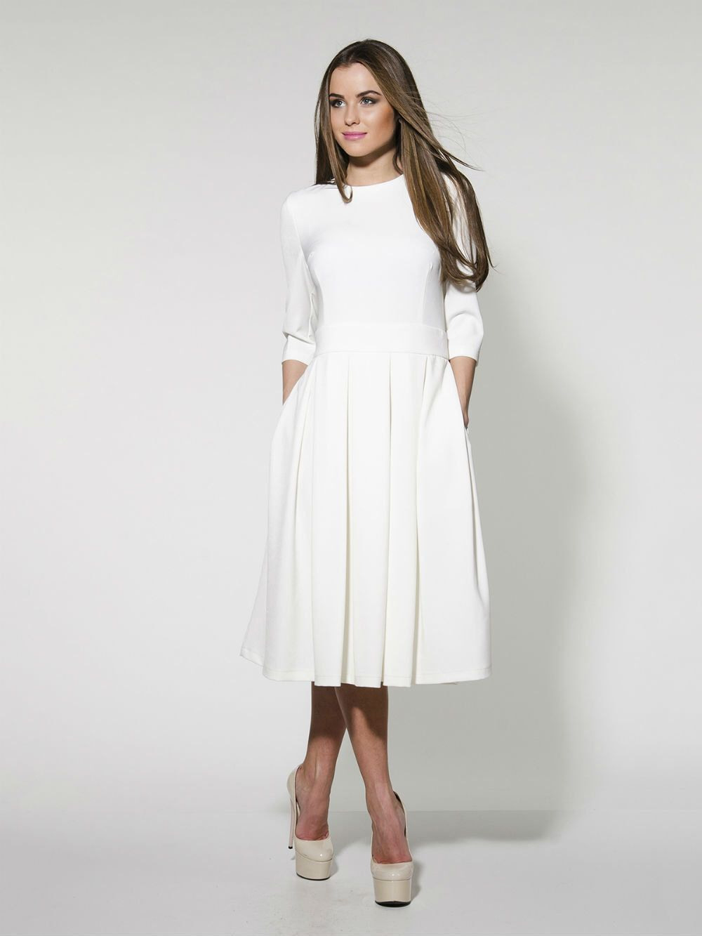 Elegant White Midi Dressformal Pleated Wedding Gown Woman