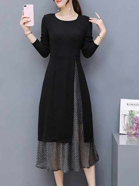 Elegantes Kleid Schwarz Baumwollmischung Langarm