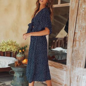Fashion V Collar Flare Sleeves Floral Maxi Casual Dress