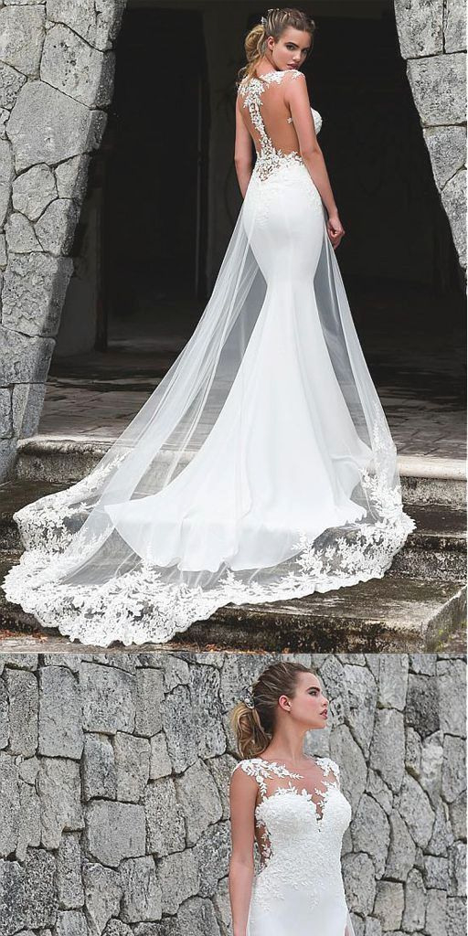 Fashion Weiß Tüll Nixe Hochzeitskleid Mit Spitzen
