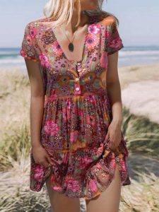 Frauen Floral Schlank Urlaub Kleid  Sommerkleider