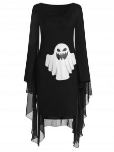 Ghost Print Halloween Cape Dress  Black Xl  Legere