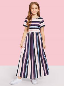 Girls Striped Print Flare Dress Sheinsheinside In 2020