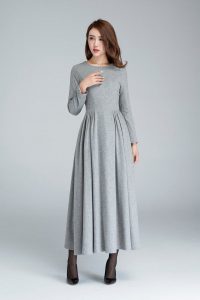 Graue Wolle Kleid Plissiertekleid Langes Kleid Frauen
