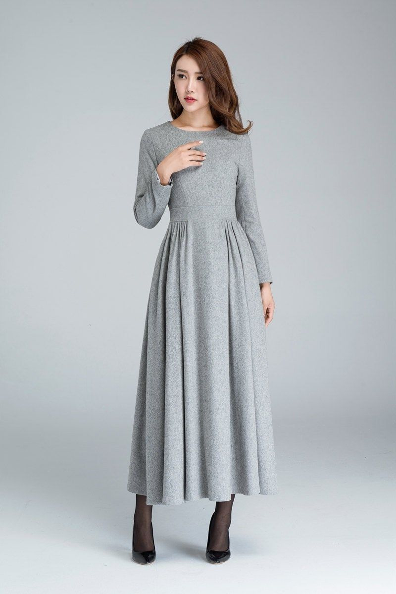 Graue Wolle Kleid Plissiertekleid Langes Kleid Frauen