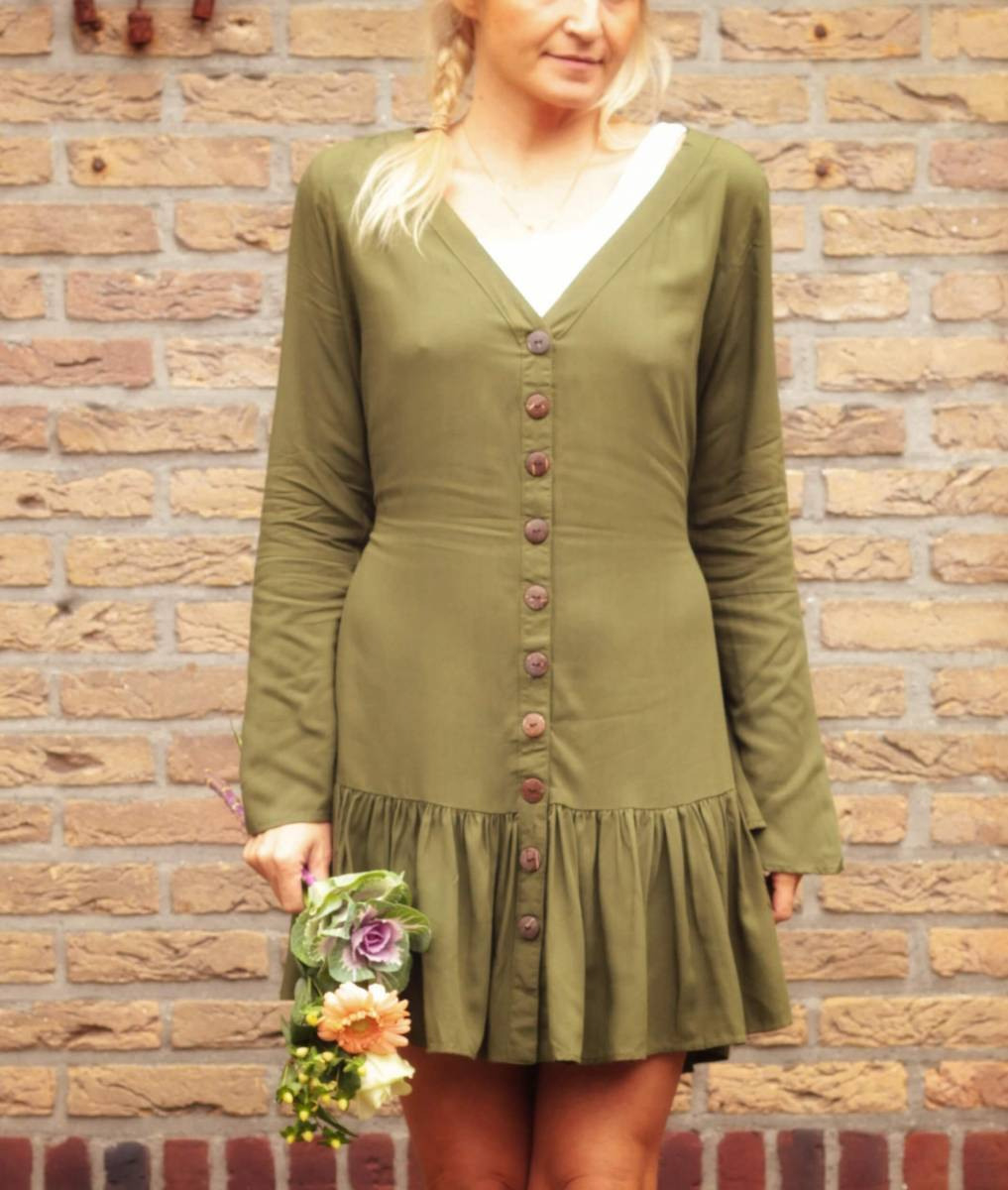Herbstkleid Kurz Olive  Tunika Kleid  Knöpfe Kleid Kurz