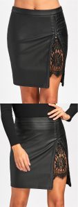 Lace Insert Faux Leather Fitted Skirt In 2020  Outfits