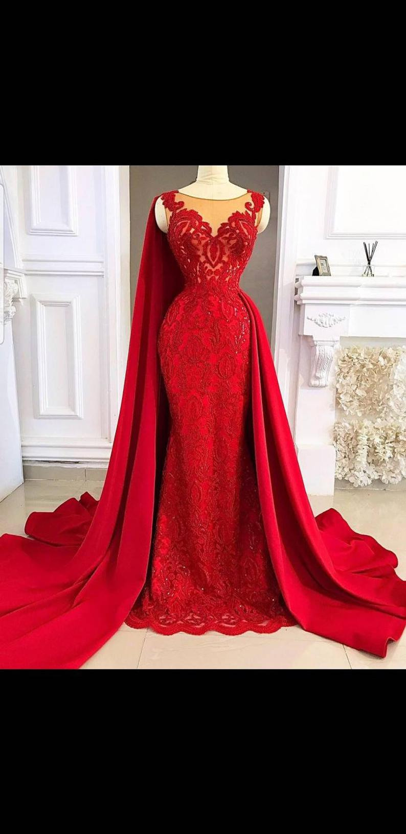 Lange Rote Frauen Partei Kleid Mit Umhang Hochzeit Empfang