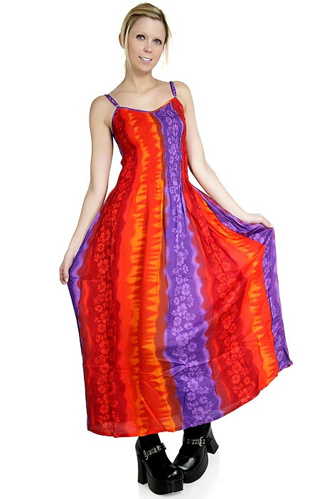 Langes Blumen Hippie Kleid Orange Lila  70Er Batik Kleider