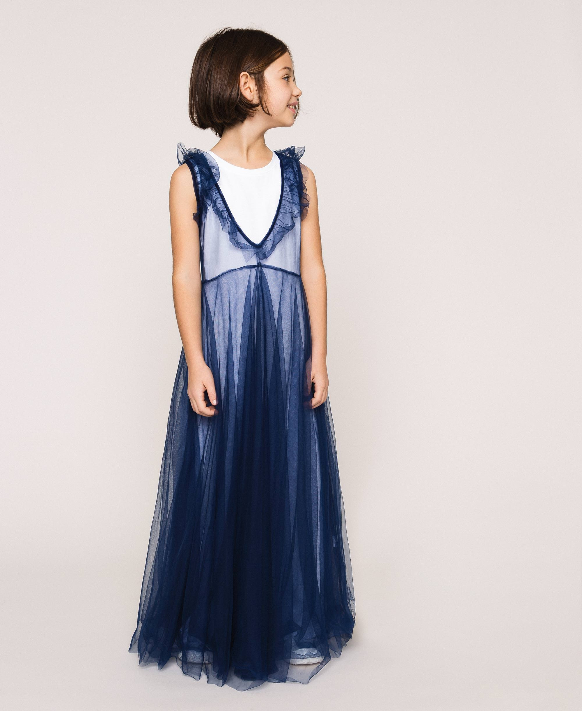 Langes Kleid Aus Tüll Mit Volant Kind Blau  Twinset Milano