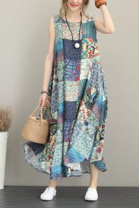 Lässige Print Blue Maxi Sommerkleid Frauen Leinen Kleidung