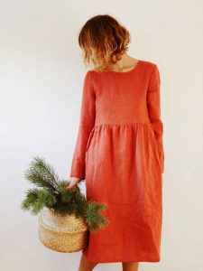 Linen Dress  Burnt Orange Linen Dress  Long Sleeved