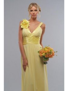 Long Bridesmaid Dresses Yellow Chiffon Flower Vneck